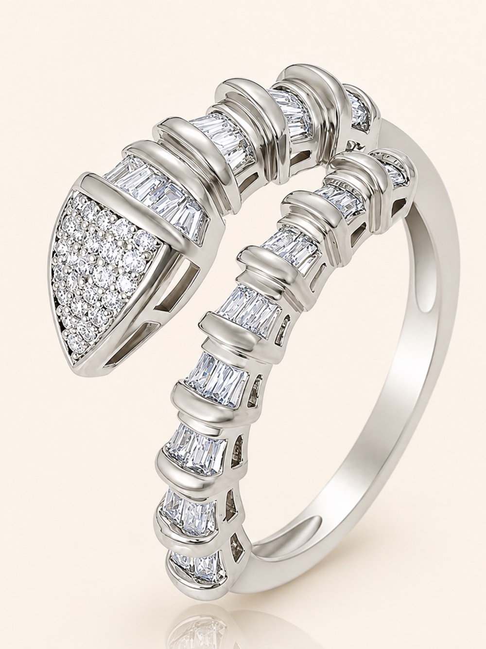 Snake Ring Adjustable Ring Platinum Plated Baguette Statement Dainty Ring